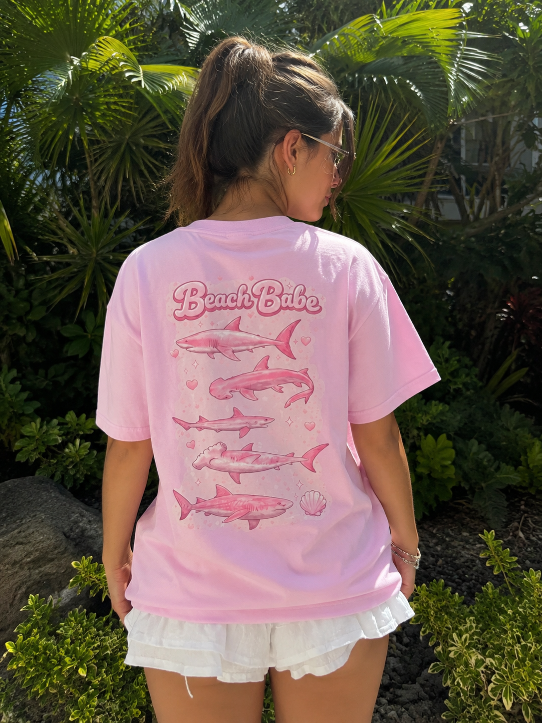 Beach Babe Shark Tee — Pink Retro Graphic T‑Shirt