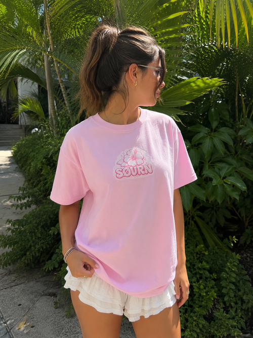 Beach Babe Shark Tee — Pink Retro Graphic T‑Shirt