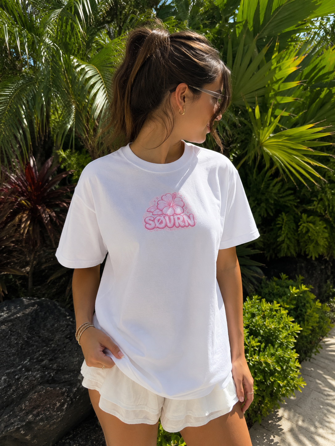 Beach Babe Shark Tee — Pink Retro Graphic T‑Shirt