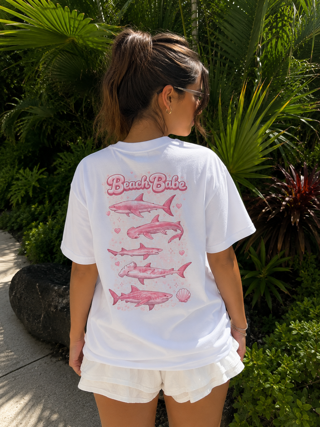 Beach Babe Shark Tee — Pink Retro Graphic T‑Shirt