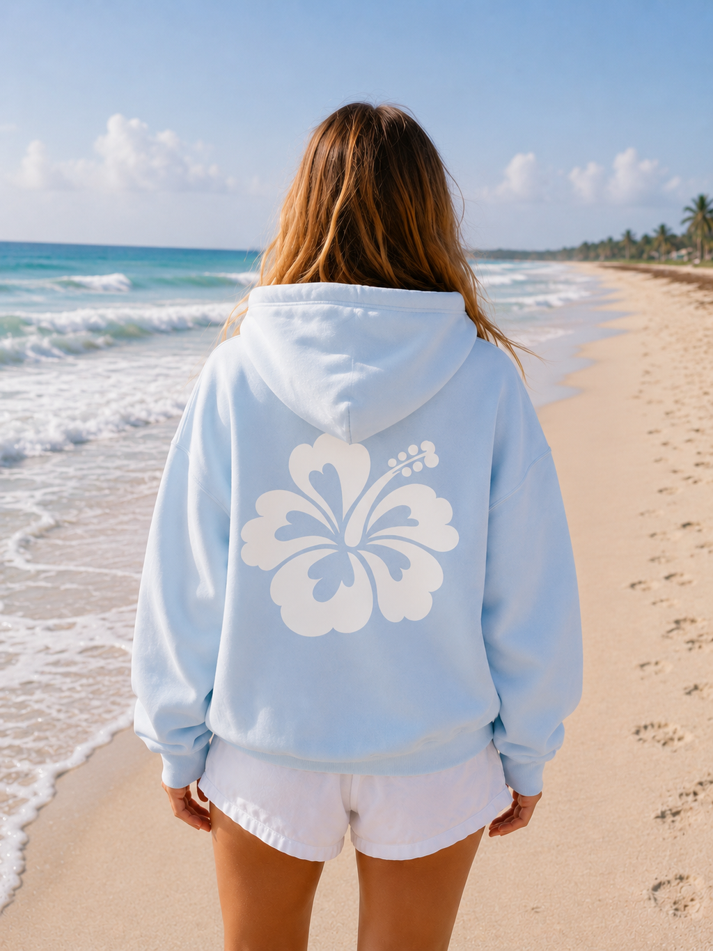 Floral,Hibiscus,Tropical,Coastal,Beachy,Cleangirl,Aesthetic,Hoodie,Sweatshirt,Pullover,Comfy,Breathable,Pink,Blue,Flower,Beach